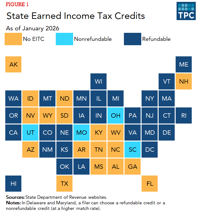 Map of State EITCs, as of January 2026