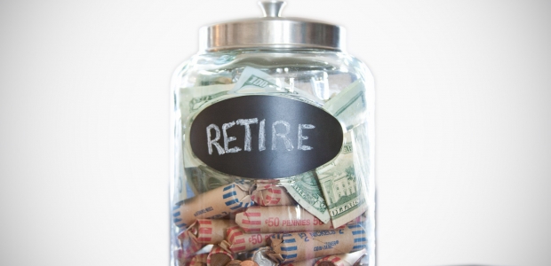 jar of spare change and dollars marked "retire"