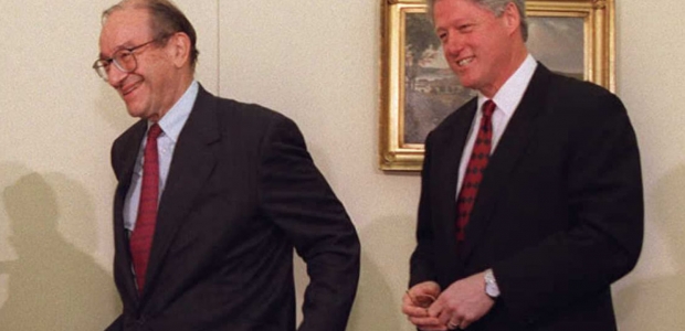 alan greenspan walking next to then-president bill clinton