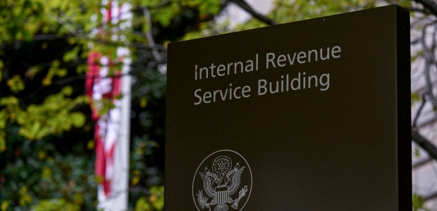 Internal Revenue Service sign in front of IRS headquarters