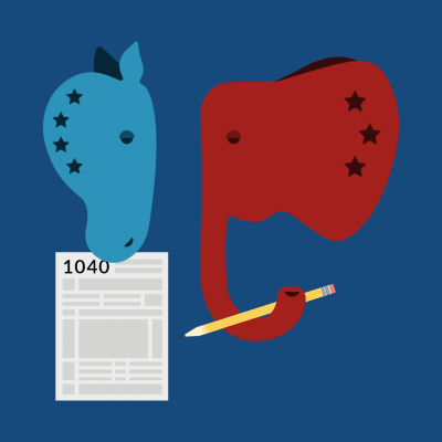 Illustration of Democrat Donkey and Republican Elephant with 1040 tax form